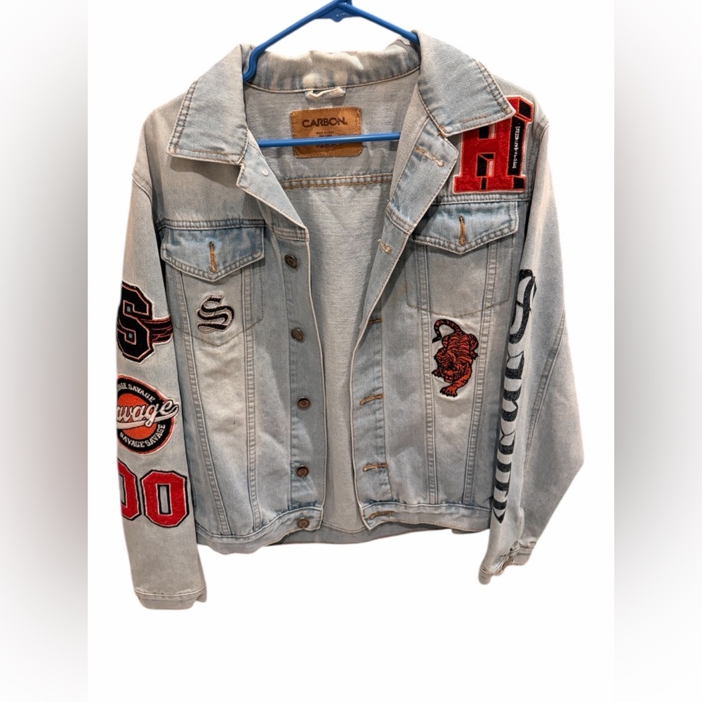 Carbon Savage Jean Denim Jacket Patches Eclectic Art Size Medium